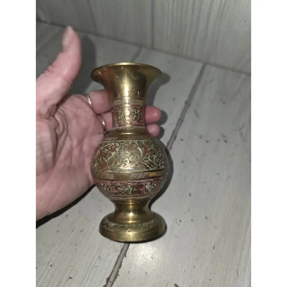 Vtg Antique Brass Vase Etched Handmade Painted Brass Vessel Natural Patina 5